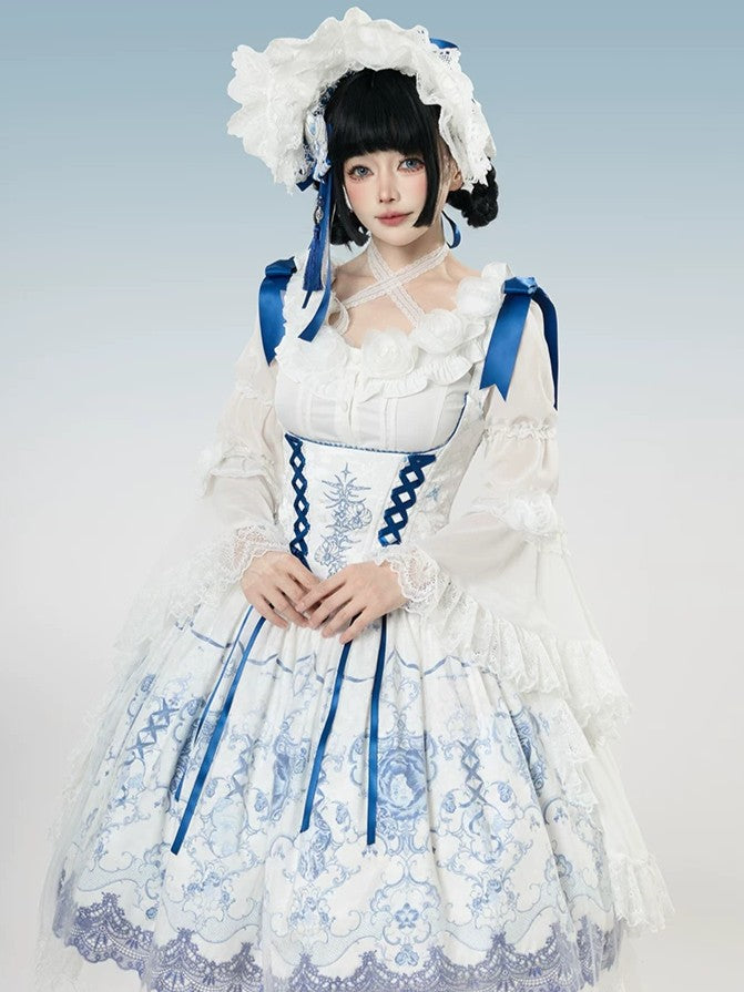 Ling Long Ci Blue Porcelain Butterfly Orchid Print Gothic Lolita Bustier JSK