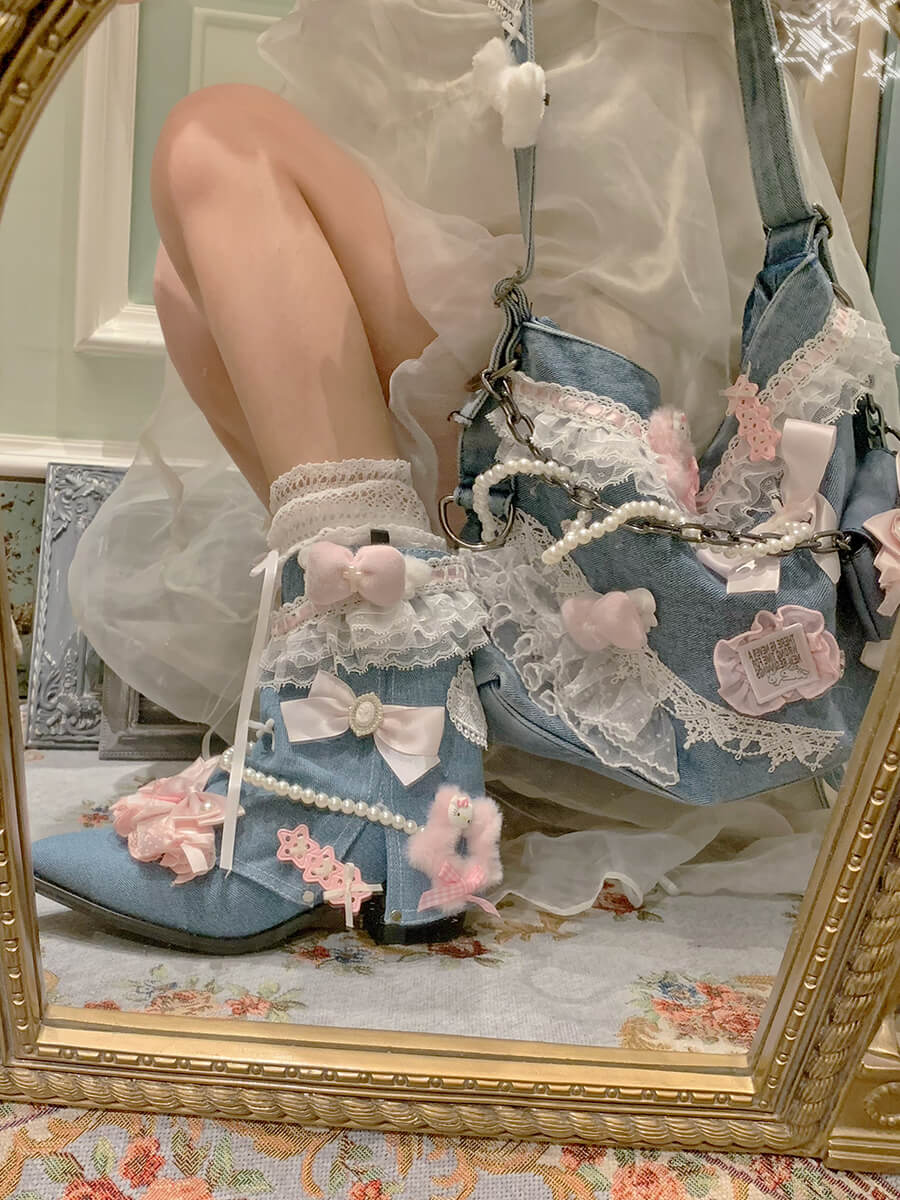 Lolita Sweet Lace Bow Denim Shoulder Bag LE8008