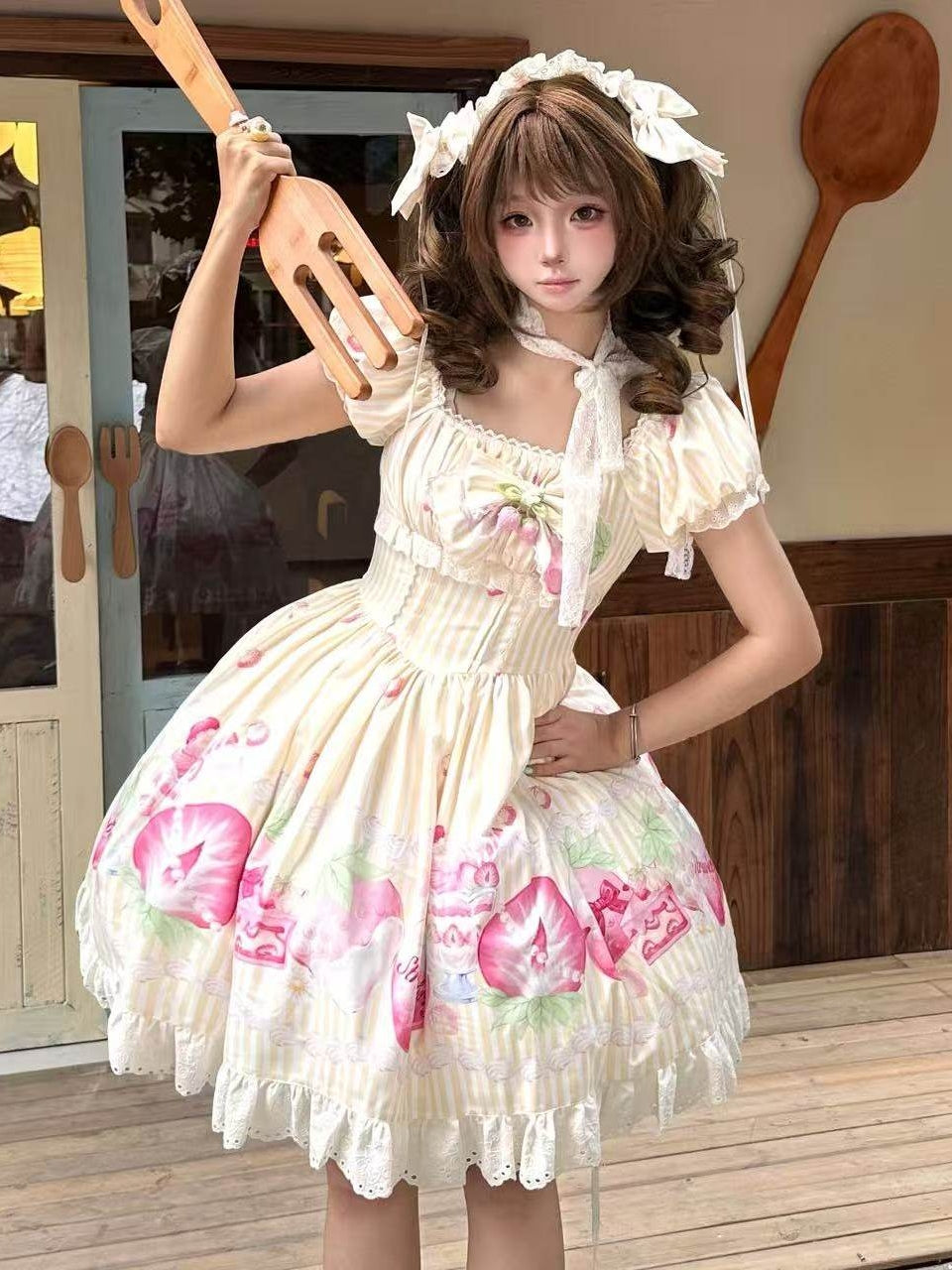 Strawberry Fairy Realm Sweet Stripe Lolita Print OP Dress