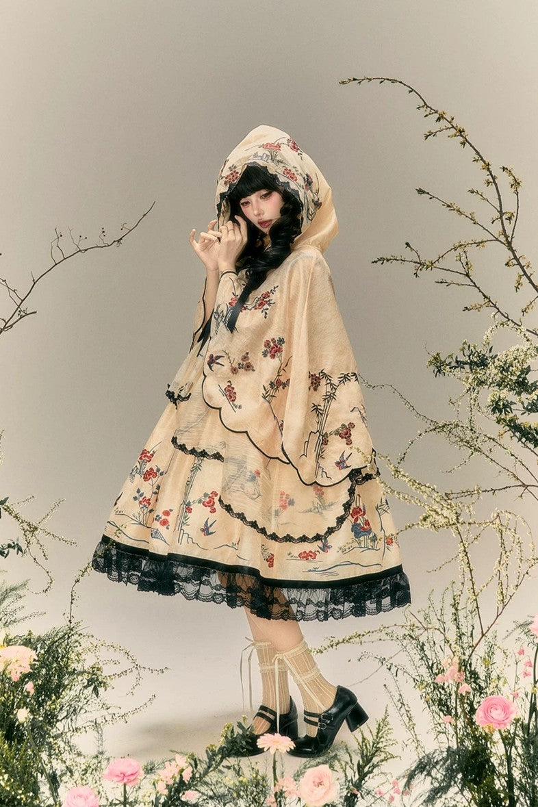 Floral Bird Amber Beige Hanfu Lolita JSK Dress Set