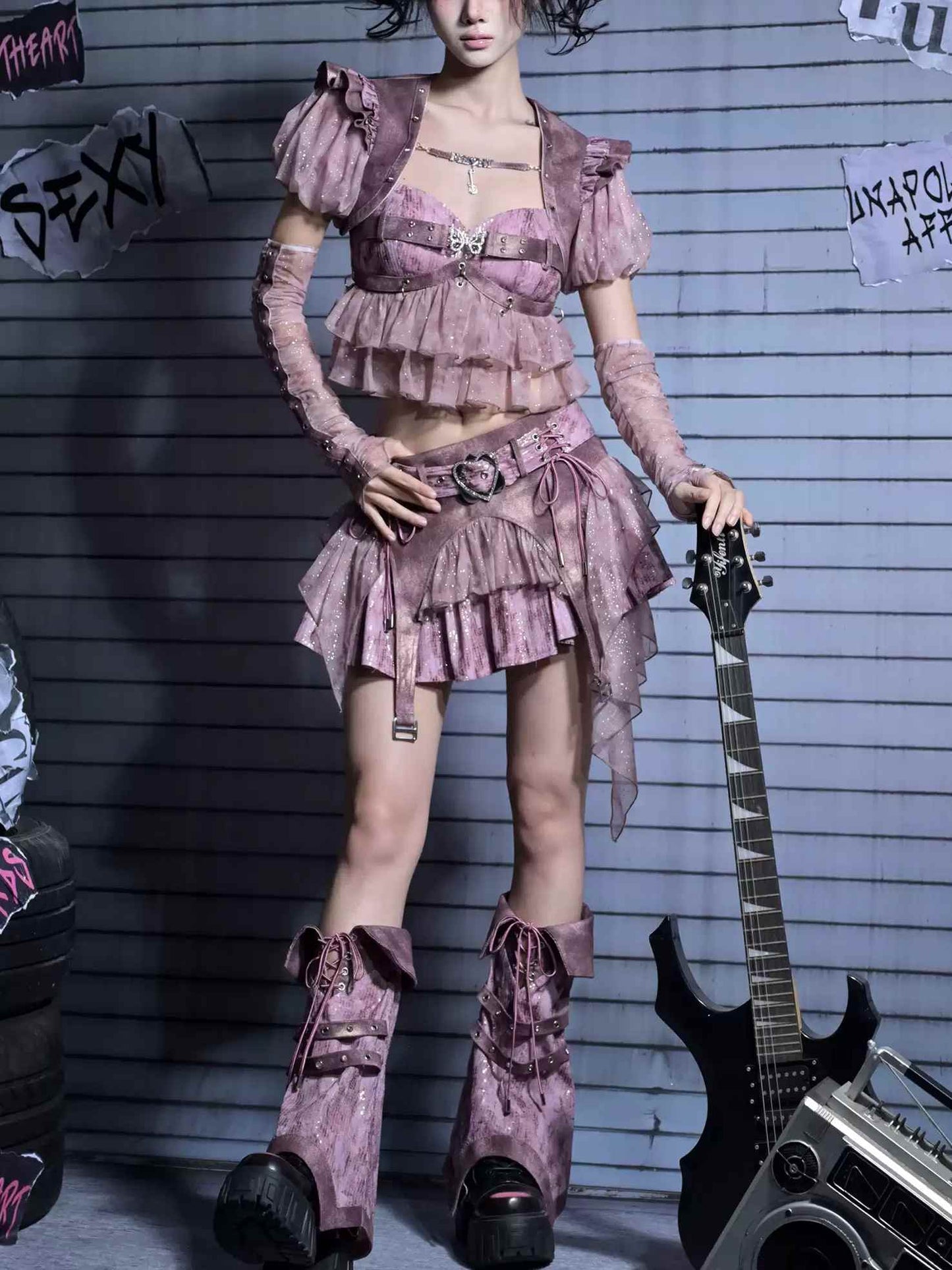 Y2K Edgy Rivet Denim Set with Leg Harness LE1021
