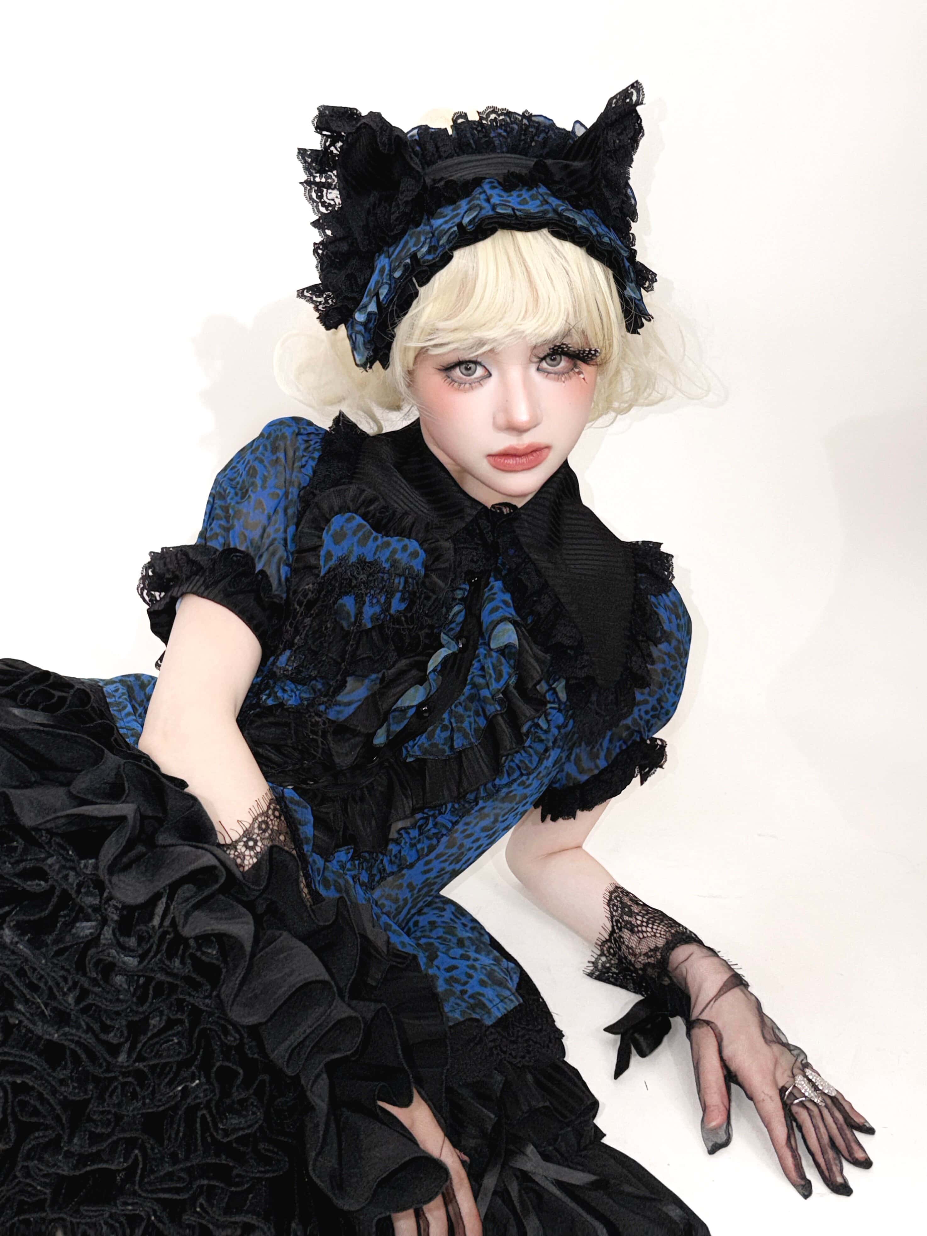 Bengal Cat Gothic Lolita Blue Blouse & Skirt Set