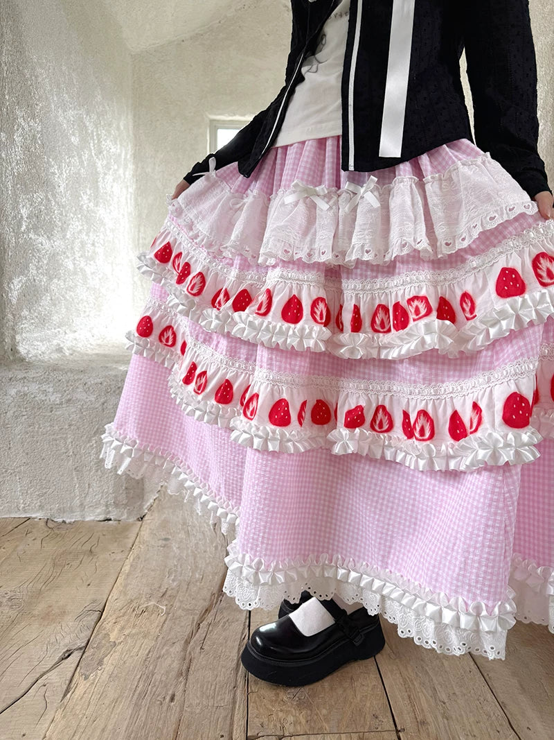 Strawberry Scent Cake Cross-section Print Lace Long Skirt