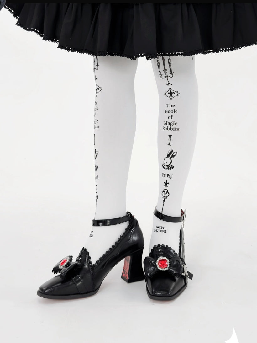 Night Banquet Black Square Toe Gothic Lolita Shoes with Ruby Bow