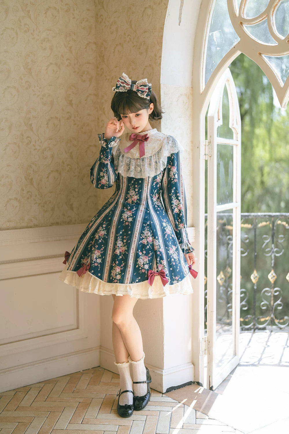 Susans Garden Pastel Floral Long Sleeve Lolita OP Dress Set