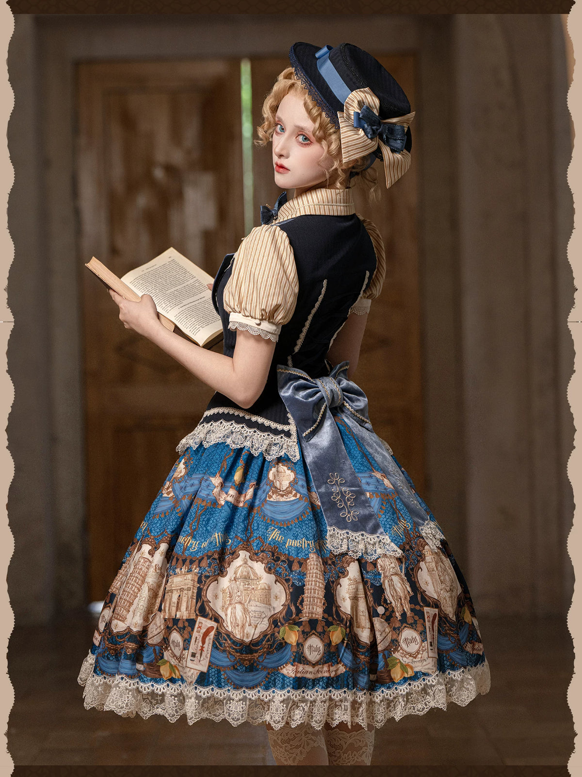 Italian Travelogue Navy British Style Lolita OP Dress and Coat