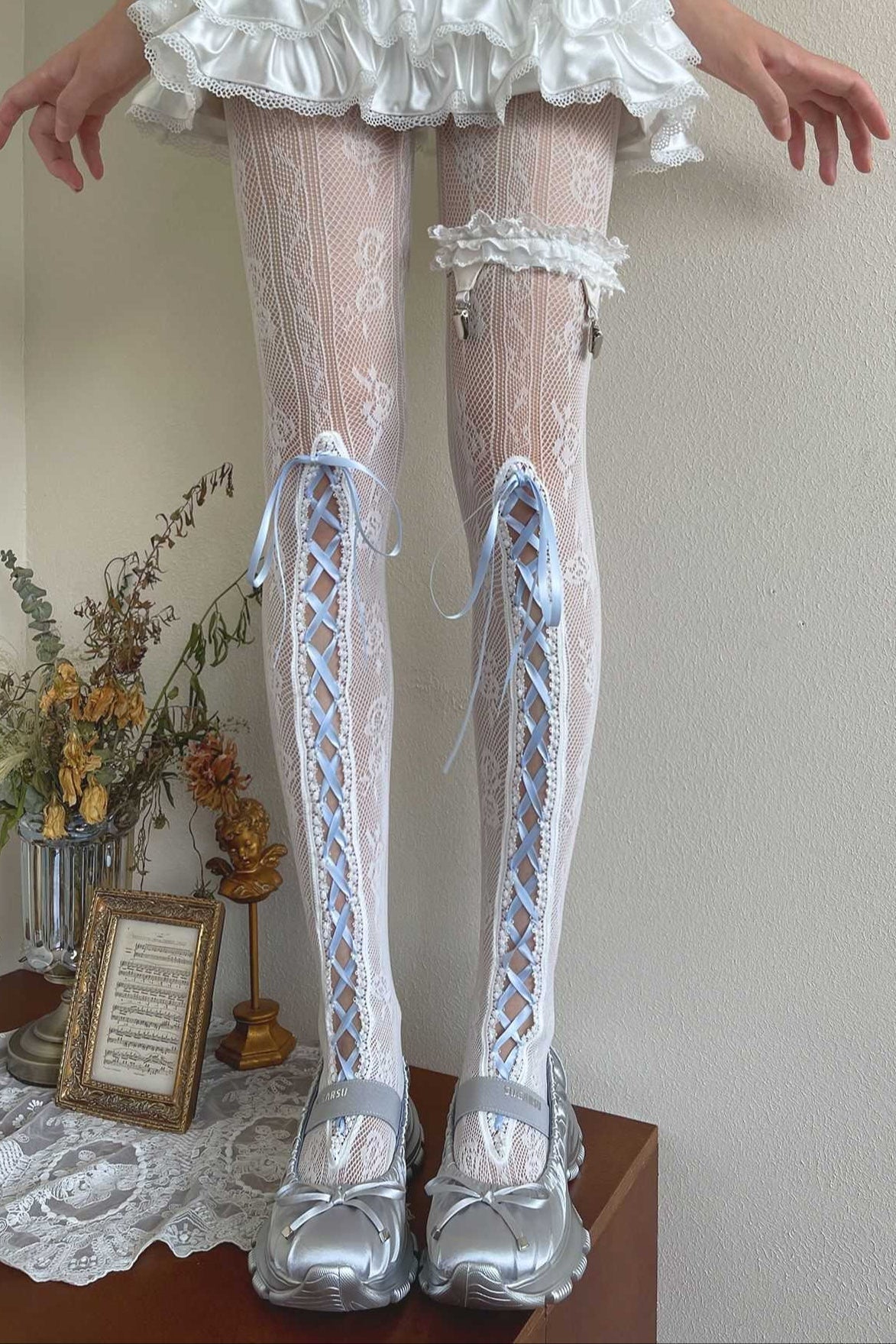 Lolita Blue Lace Ribbon Trim Long Socks