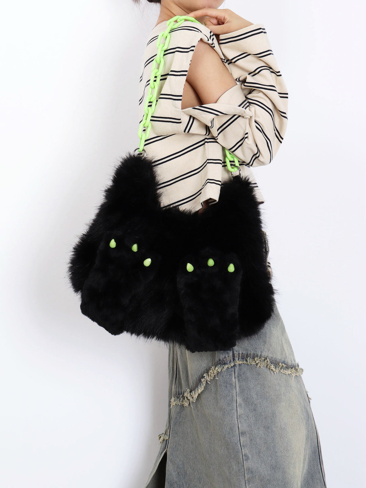 Face-Cover Cat Lolita Plush Denim Bag