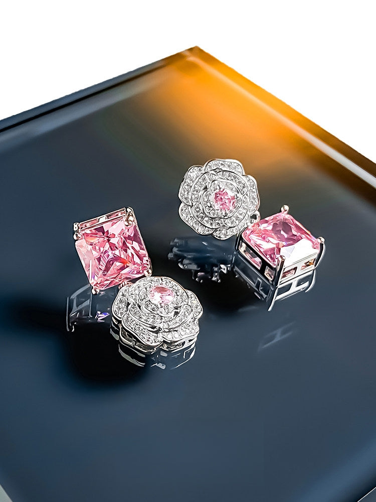 Icy Camellia Lolita Pink Crystal Gem Earrings