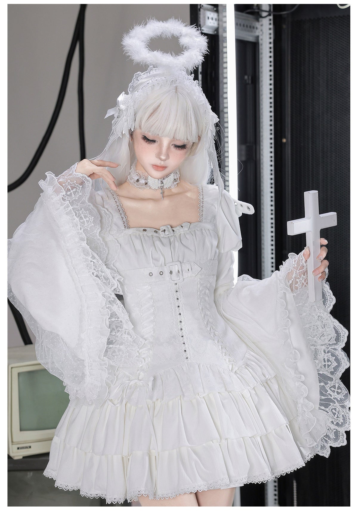 White Night Feather Lolita Sweet Cool Hime Sleeve Mini Dress Set