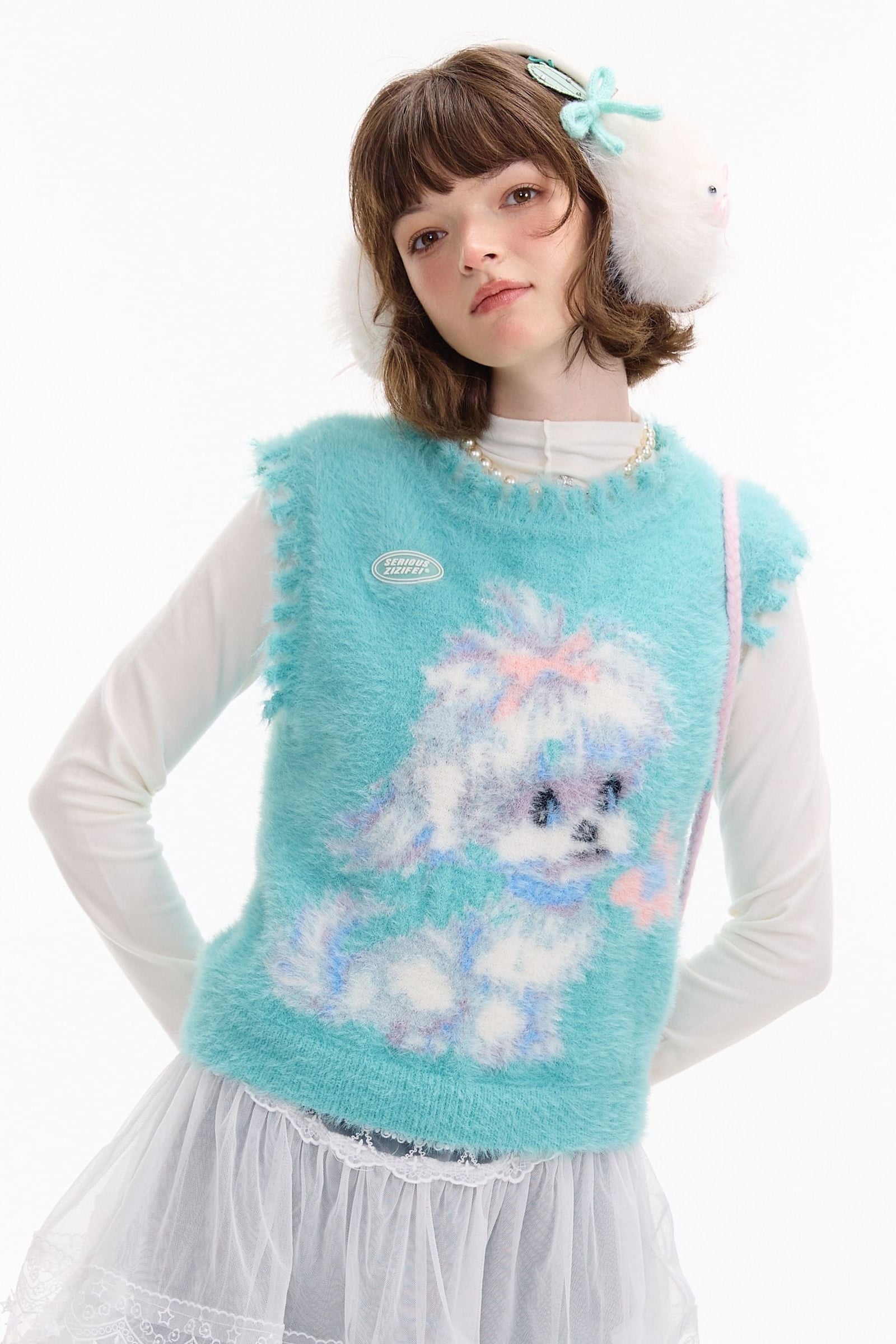 Retro Blue-Green Dog Pattern Knit Vest