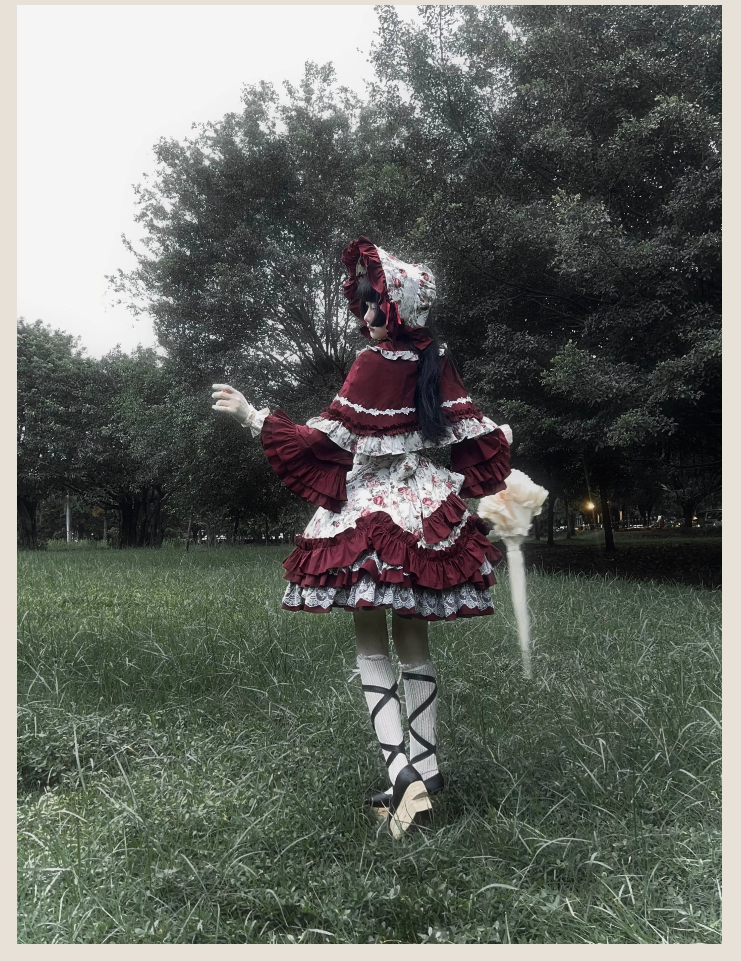 Burgundy Rose Classic Lolita JSK Vintage Japanese Rose Print