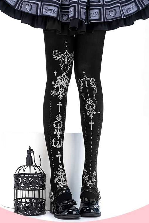 Gold Foil Cross Print Gothic Tights
