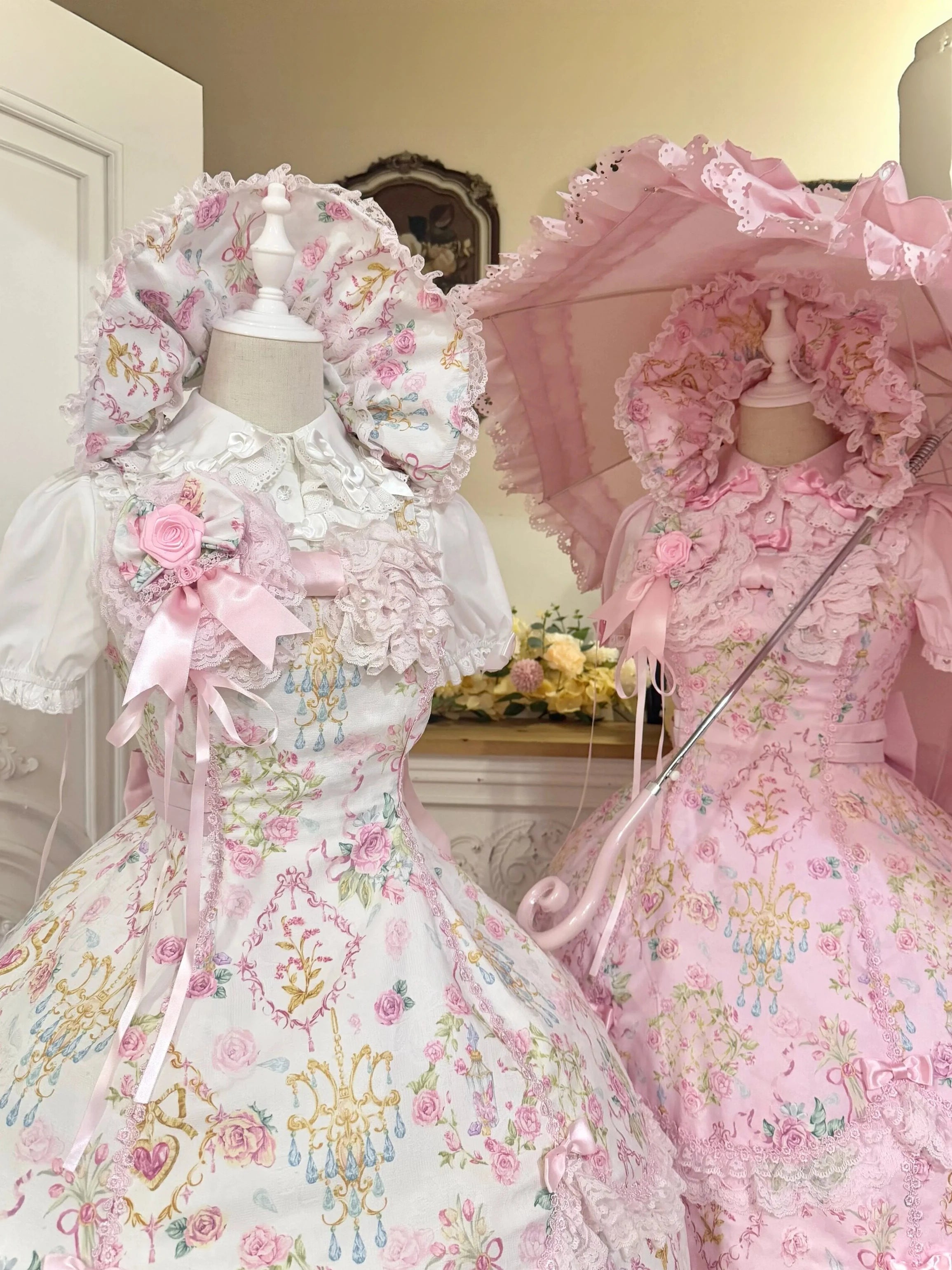 Spring 2025 Vintage Flower Wall Chandelier Rose Print Sweet Lolita JSK Dress