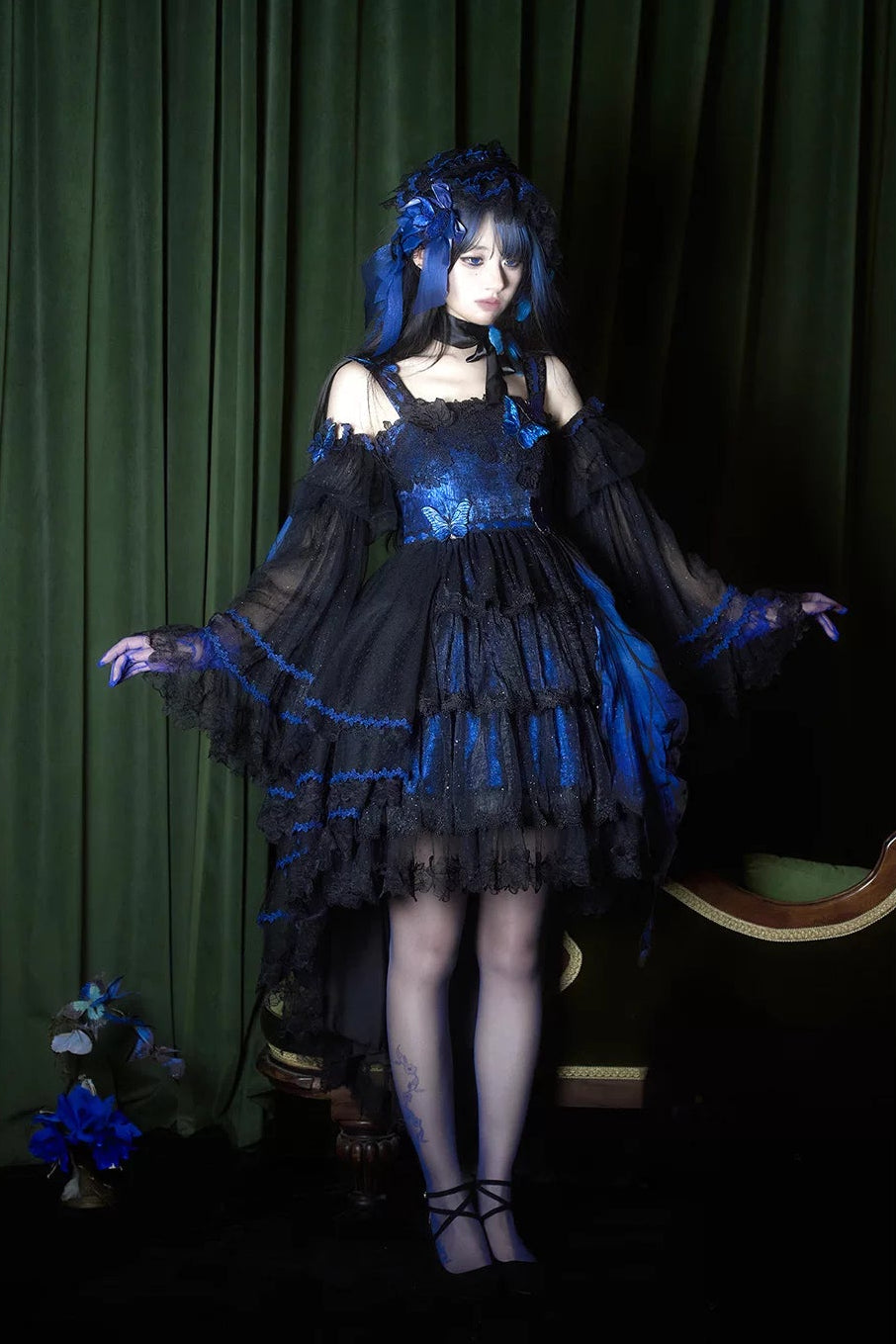 Shining Butterfly Lolita Dark Gothic Embroidered Blue Morpho JSK Set