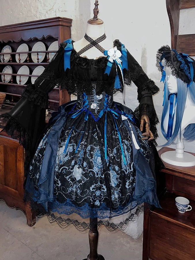 Ling Long Ci Blue Porcelain Butterfly Orchid Print Gothic Lolita Bustier JSK