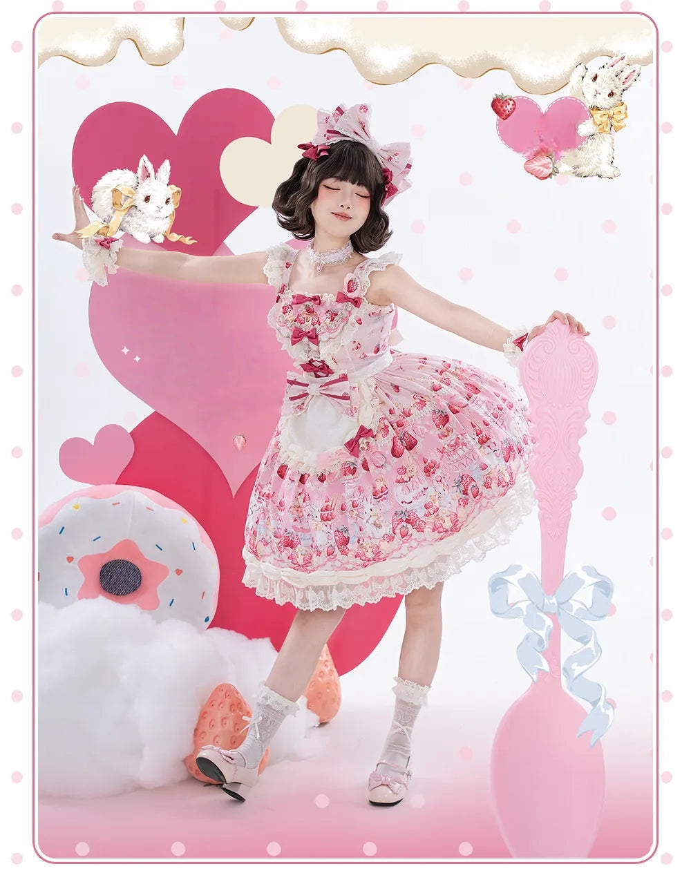 Parfait Dessert Bunny Sweet Cute Strawberry Print Embroidered JSK