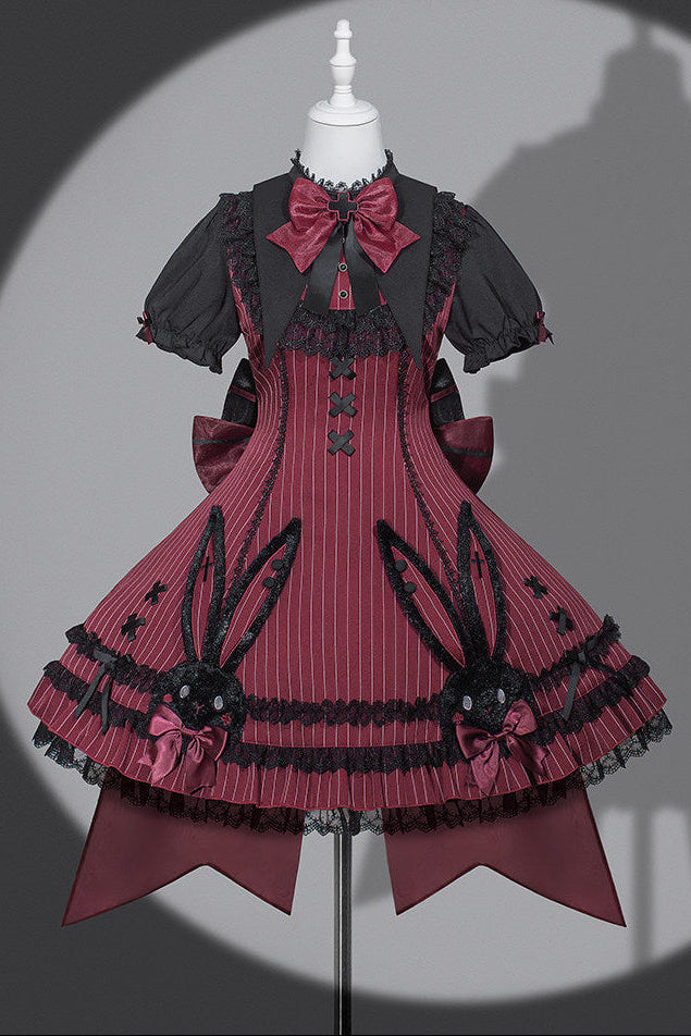 Dark Bunny Striped Gothic Lolita Dress with Rabbit Ear Hat and Tail