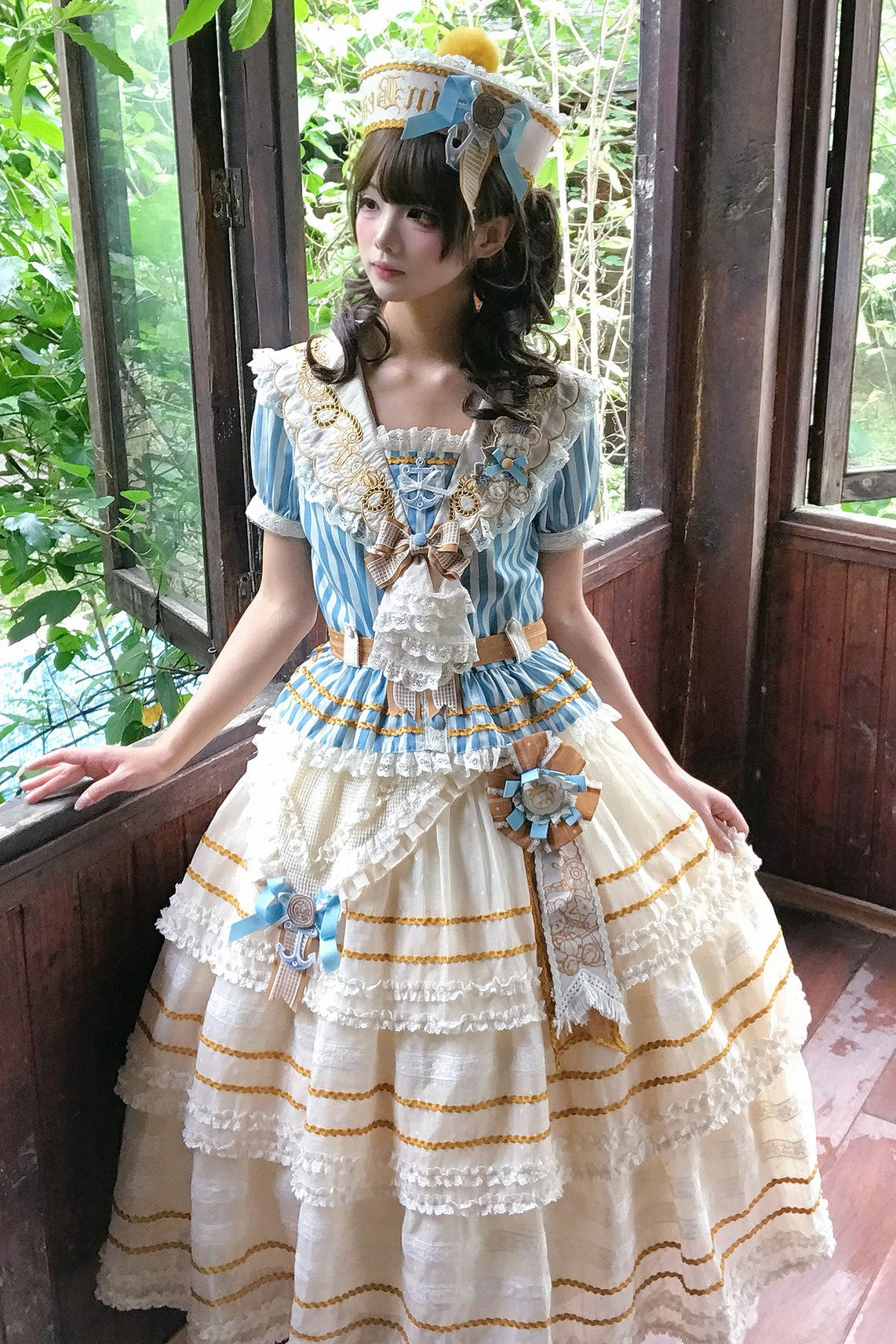 Antique Sailor Bear Blue Stripe Cropped Top Long Skirt Lolita Set