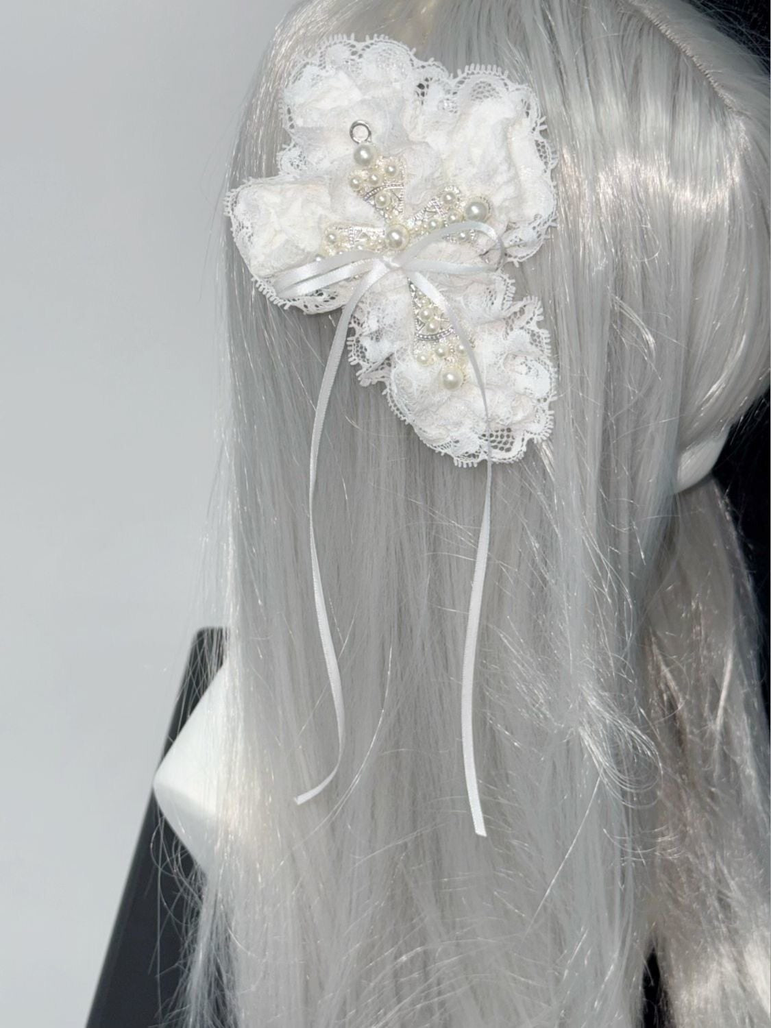 Pearl Cross Lace Ruffle Bow Lolita Gothic Hair Clip with Optional Veil