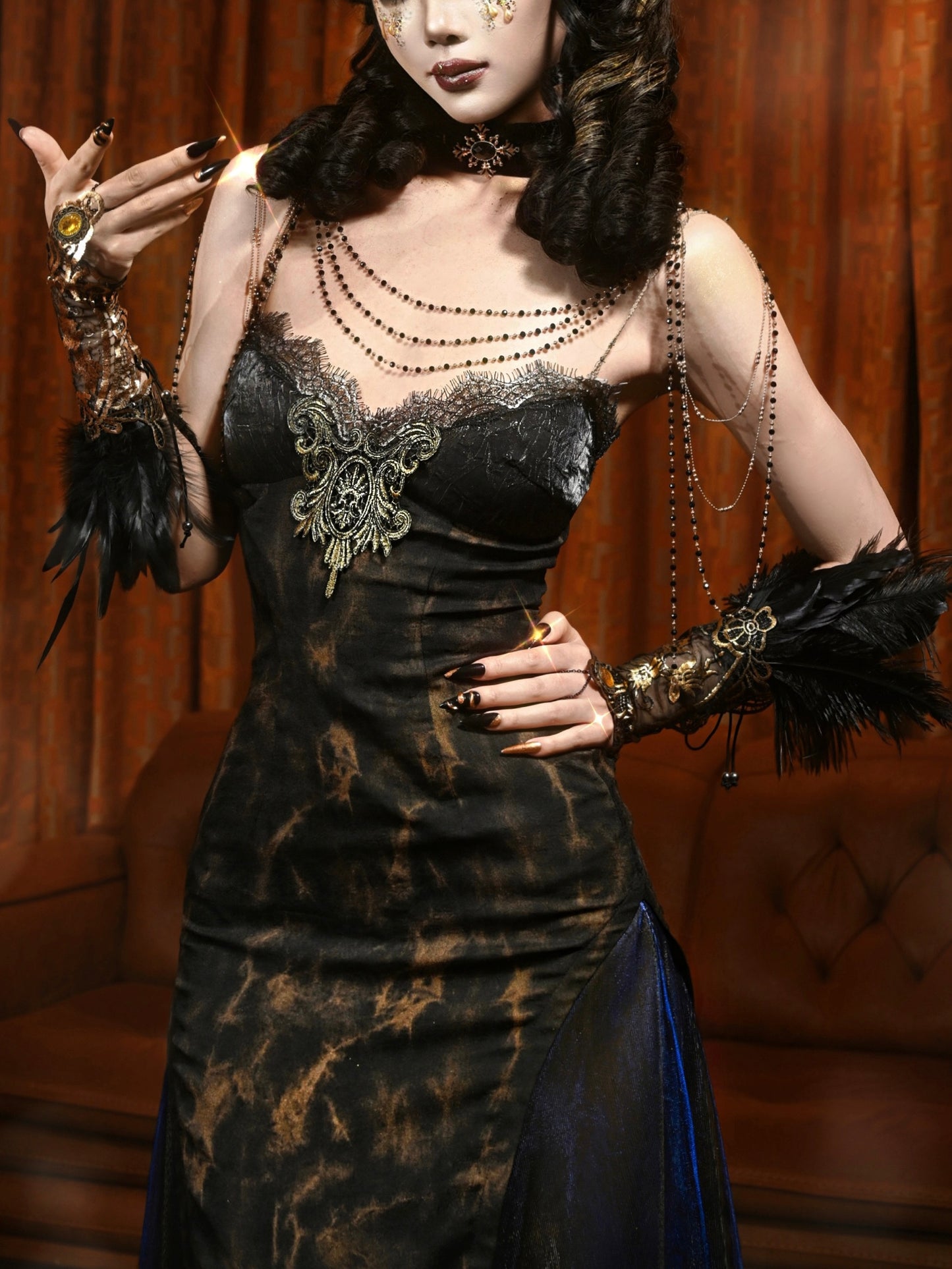 Lolita Gothic Retro style Blue & Gold Flowing Cami Dress LG1001