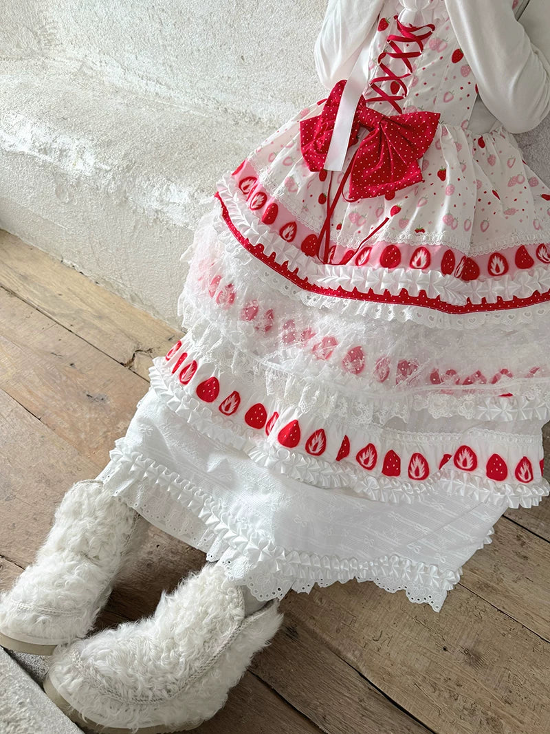 Strawberry Scent Polka Dot Floral Mini Wing Pinafore JSK Dress