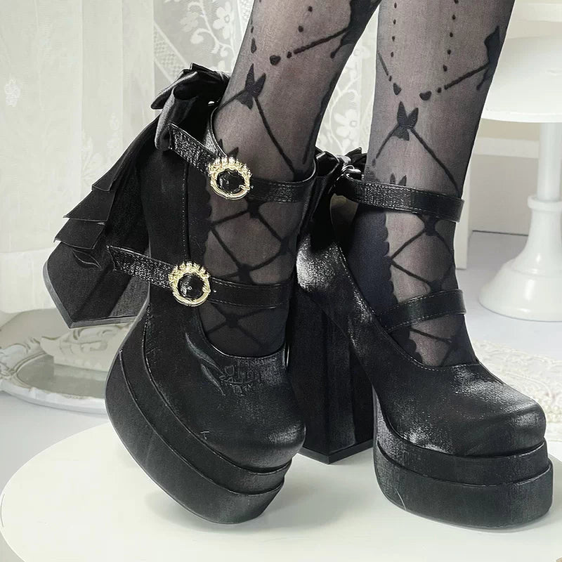 Elegant Jacquard Platform Mary Jane Heels with Butterfly Bow Sweet Lolita Shoes