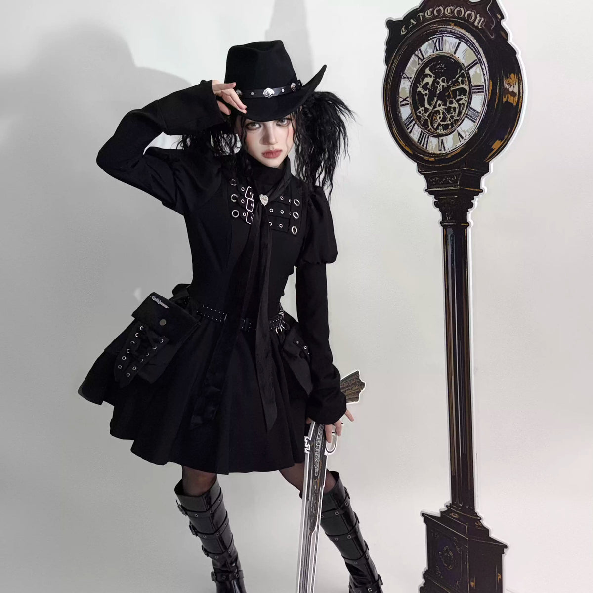 Cannoneer Lolita Steampunk Long Sleeve Black OP Dress Set