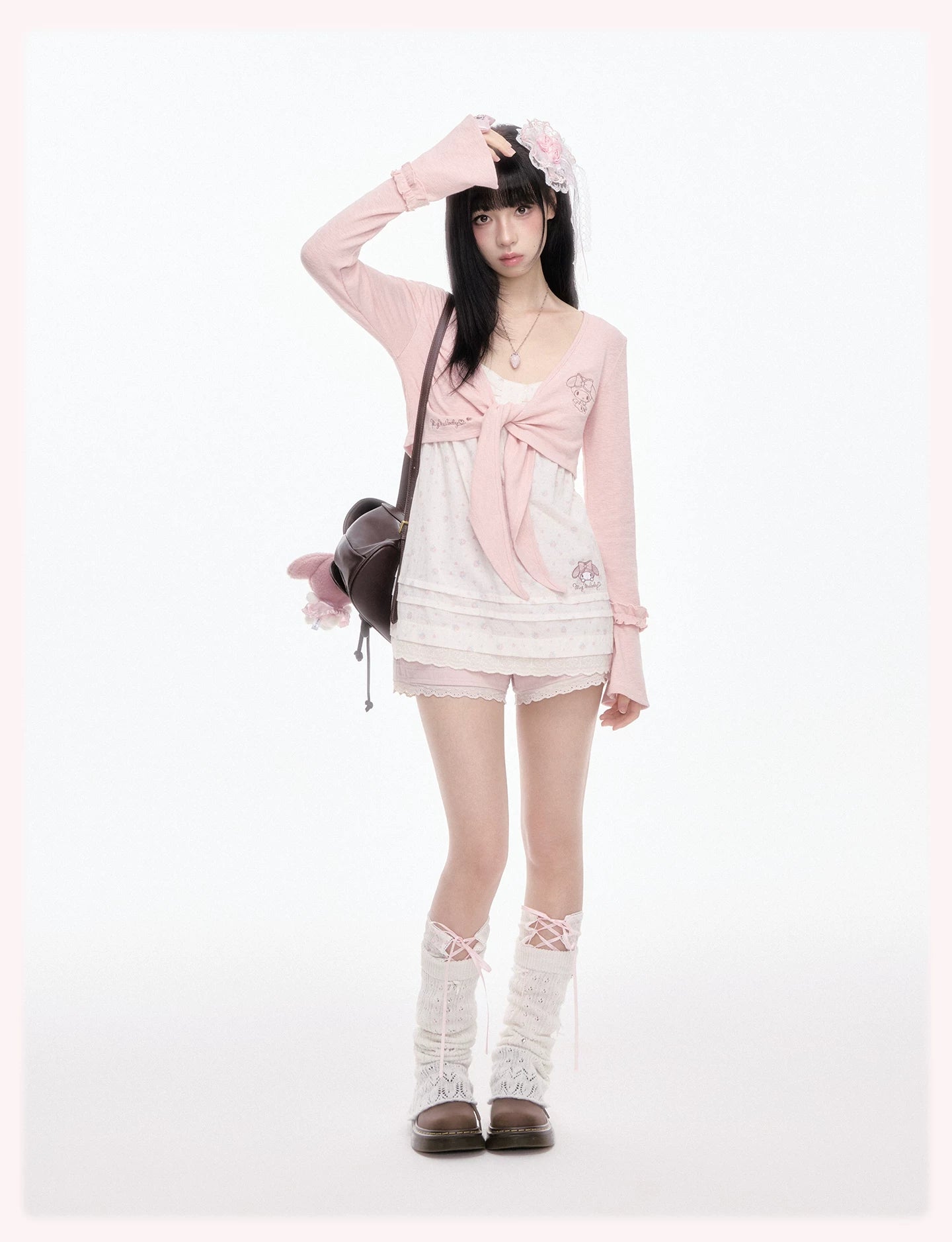 My Melody Pink Tie-Front Cardigan Polka Dot Cami Top Floral Shorts Set