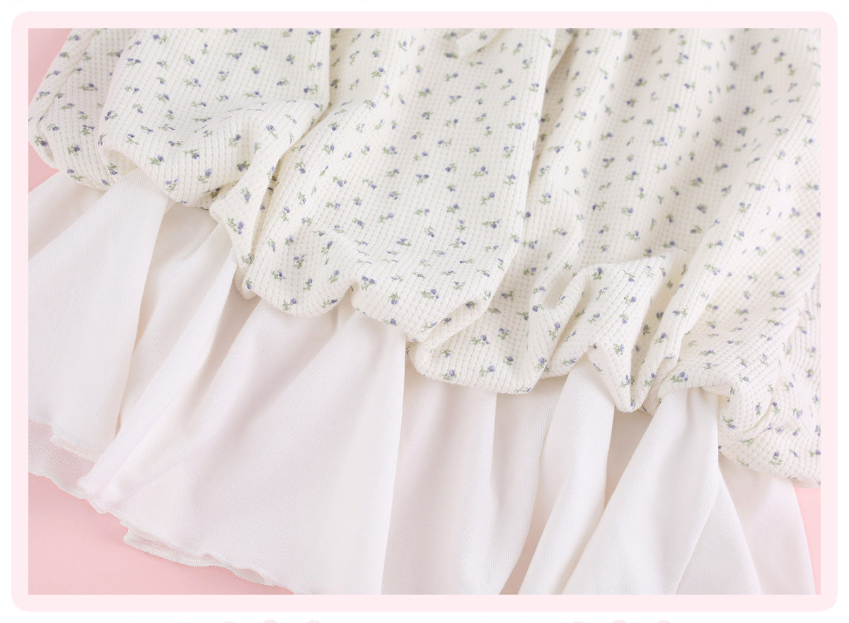 Cloud Floral White Doll Collar Faux Two-Piece Top White Floral Bloomers Girly Daily Set