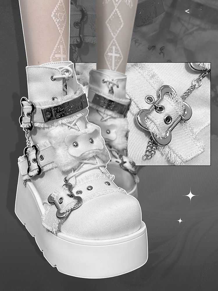 Bone Motif Denim Ankle Boots