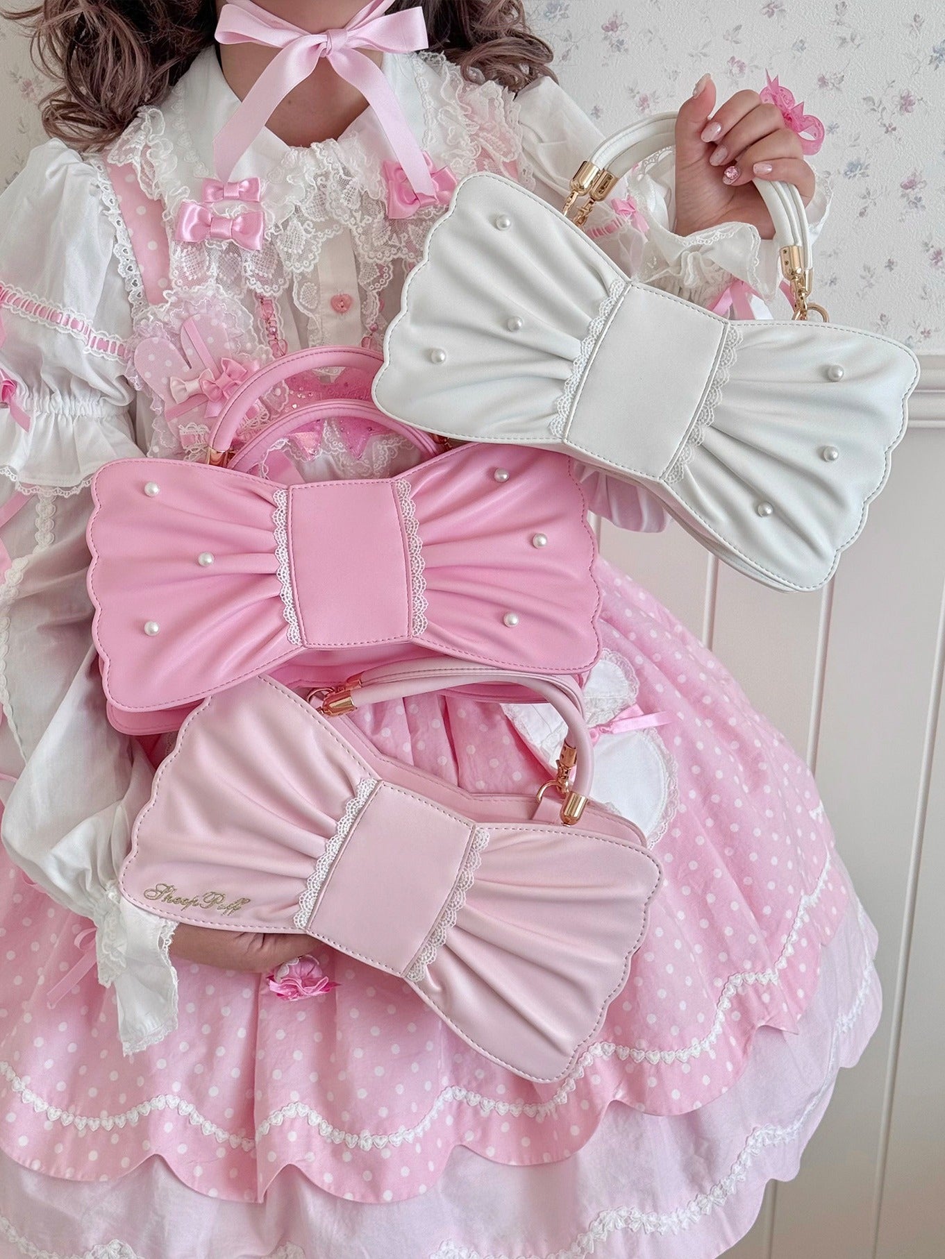Pearl Bow Lace Trim Lolita Handbag