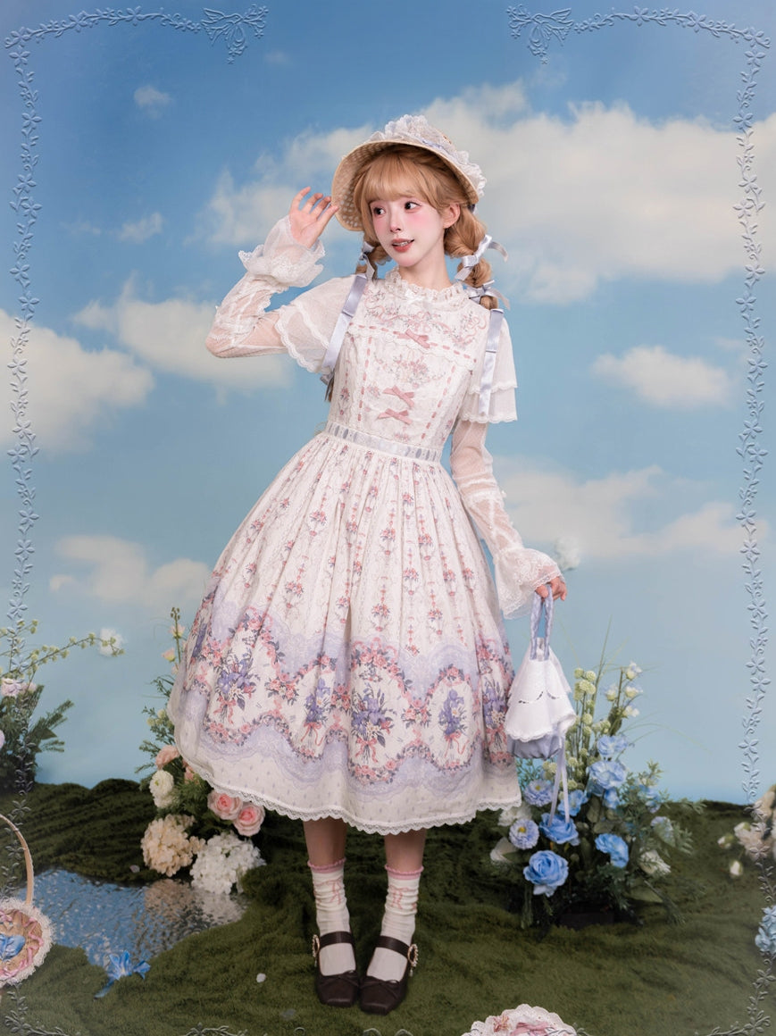 Iris Clock Lolita Flutter Sleeves Printed OP & Cut‑Work Embroidered Lapel JSK