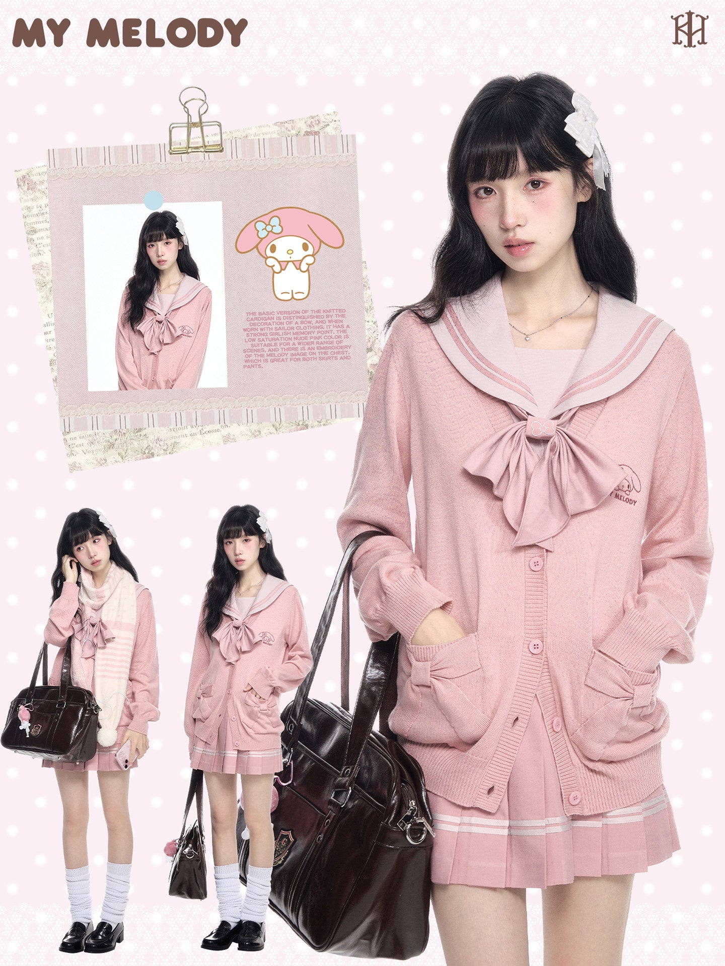 My Melody Pink JK Uniform Knit Cardigan Sailor Top Pleated Skirt Bow Tie Set
