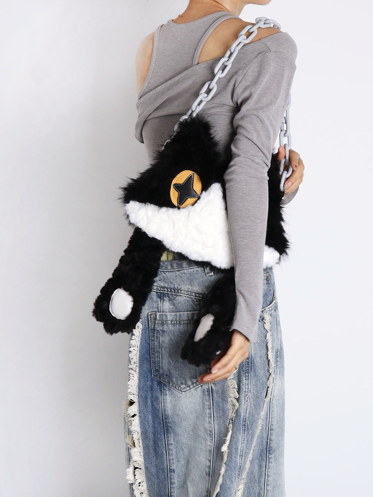 Face-Cover Cow Cat Plush Lolita Crossbody Bag with Chain