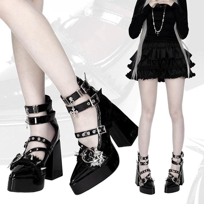 Lolita Gothic Dark style Block Mid Heels LE5023
