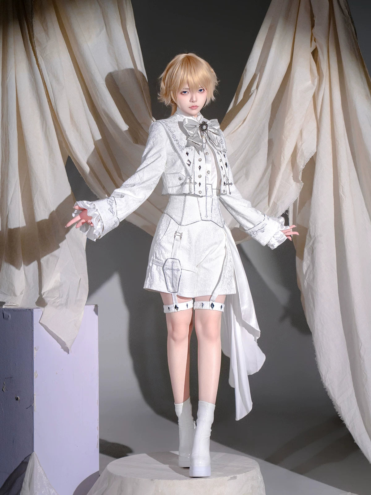 Silver Holy Covenant Palace Prince Military‑Style Lolita Jacket & Shorts Set