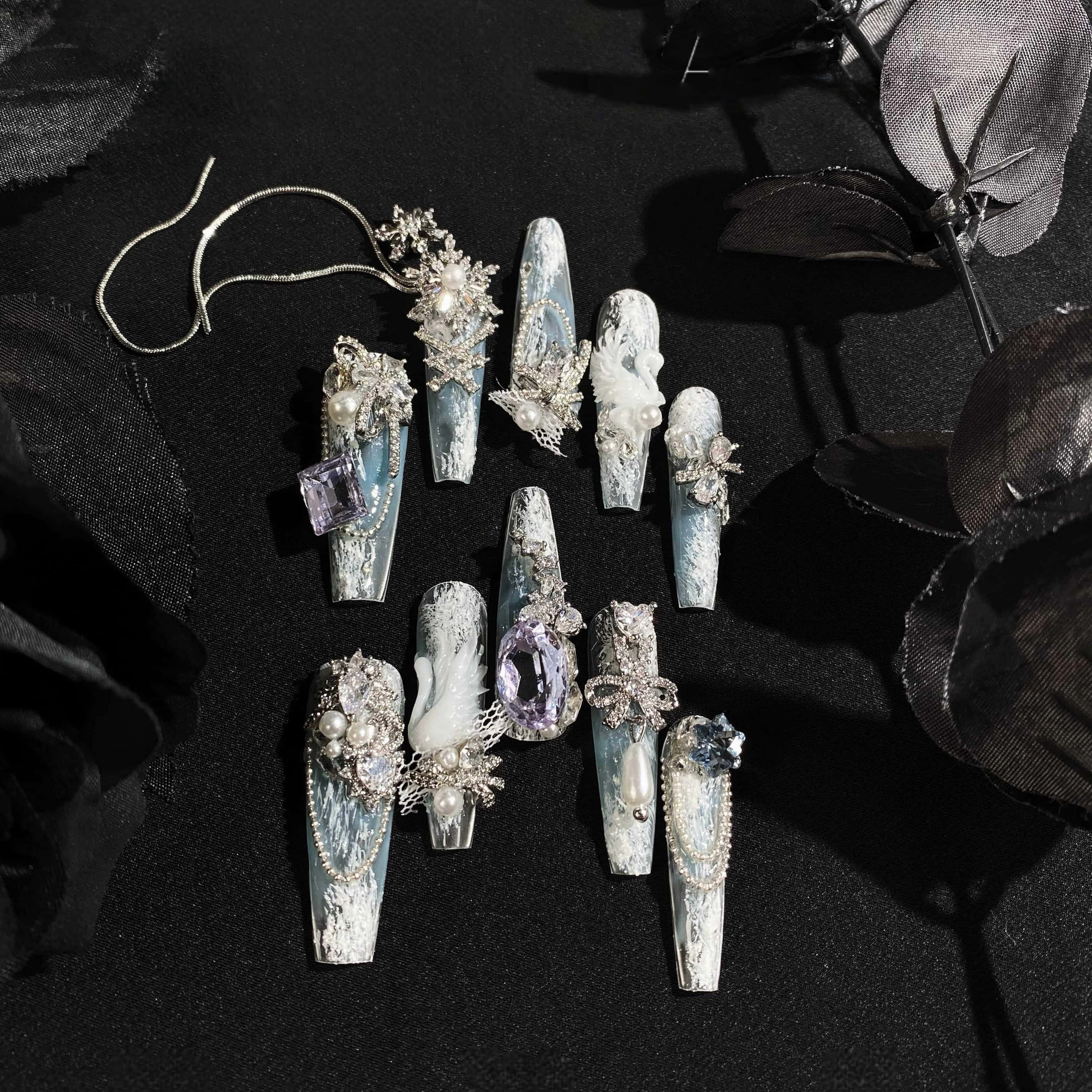 Swan Lake Ice Blue White Gradient Crystal Lolita Nail Art