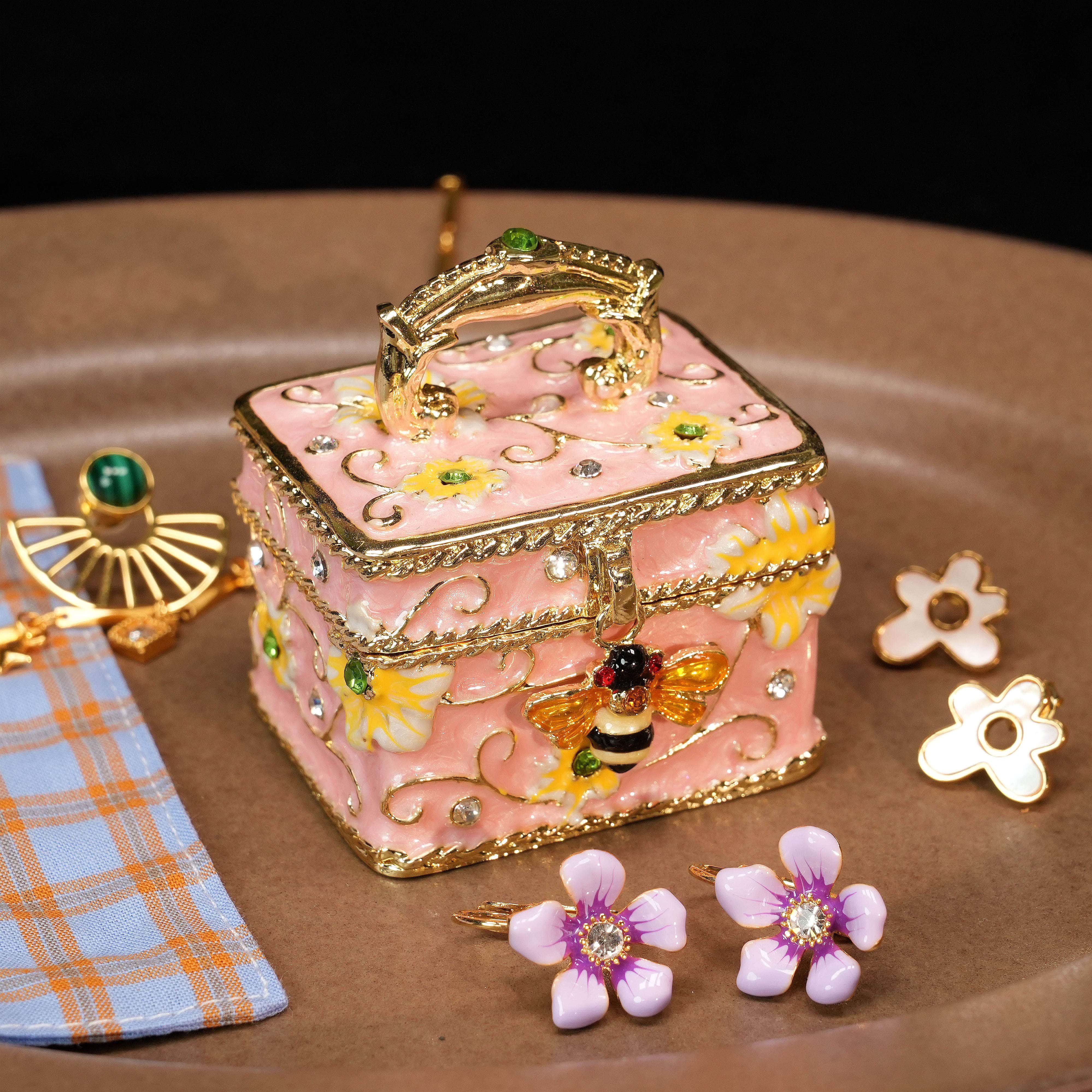 Treasure Chest Bee-Shaped Enamel Ring Jewelry Box Lolita Decor Gift