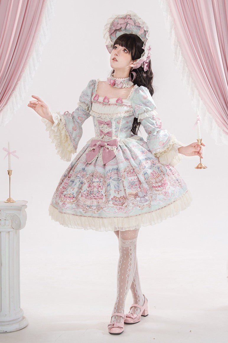 Victoria Cake Blue Grey Jacquard Vintage Sweet Lolita OP Dress