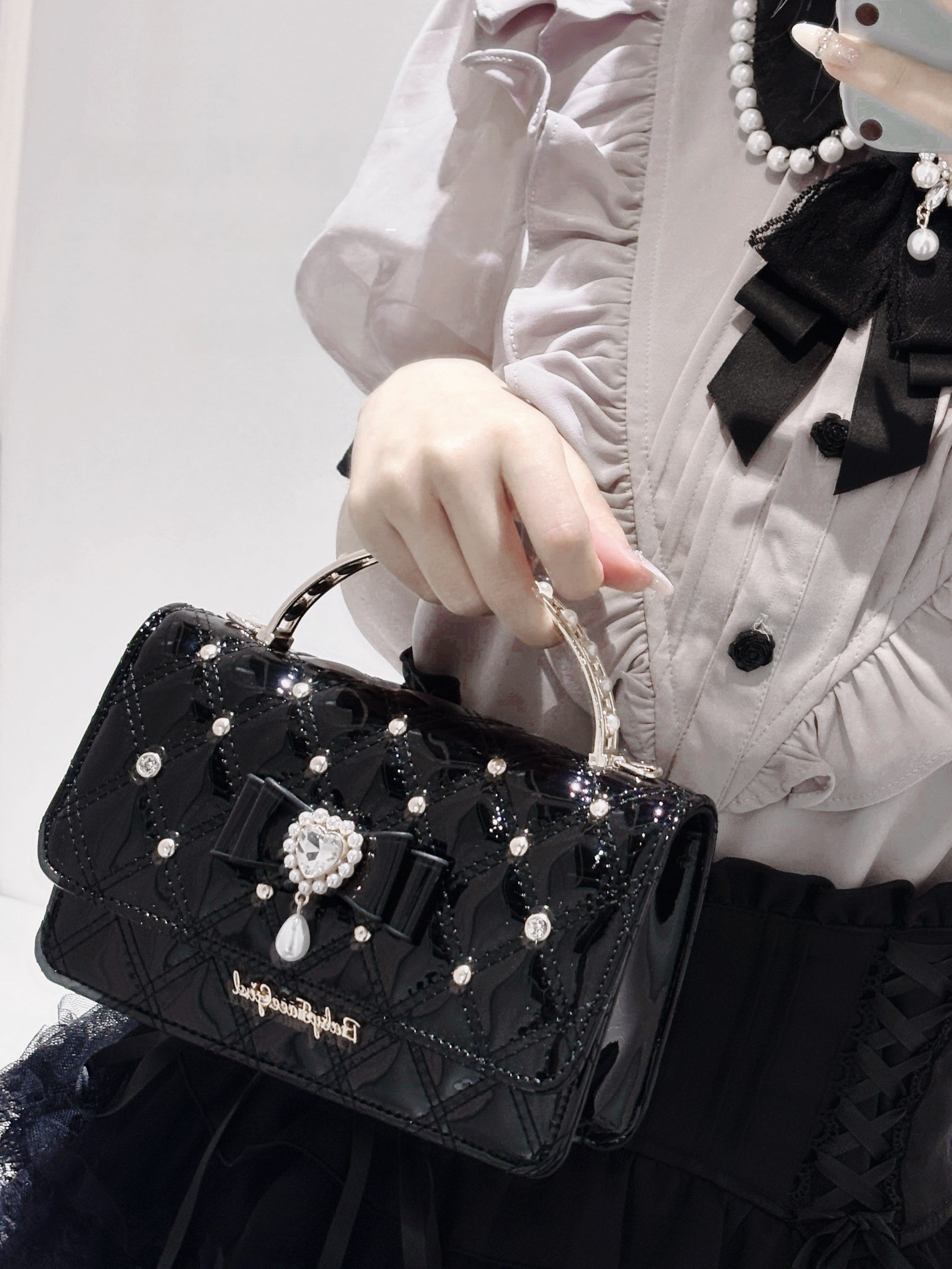 True Love Arrives Pearl Bow Heart Quilted Lolita Box Crossbody Bag