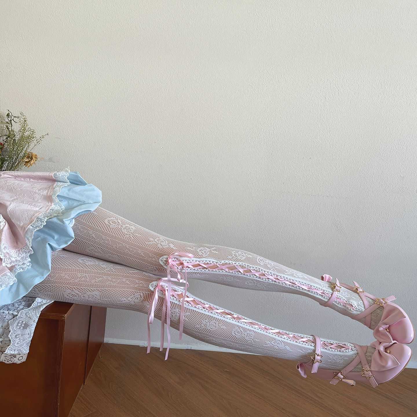 Lolita Blue Lace Ribbon Trim Long Socks LE9012
