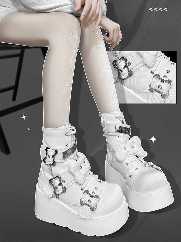 Bone Motif Denim Ankle Boots
