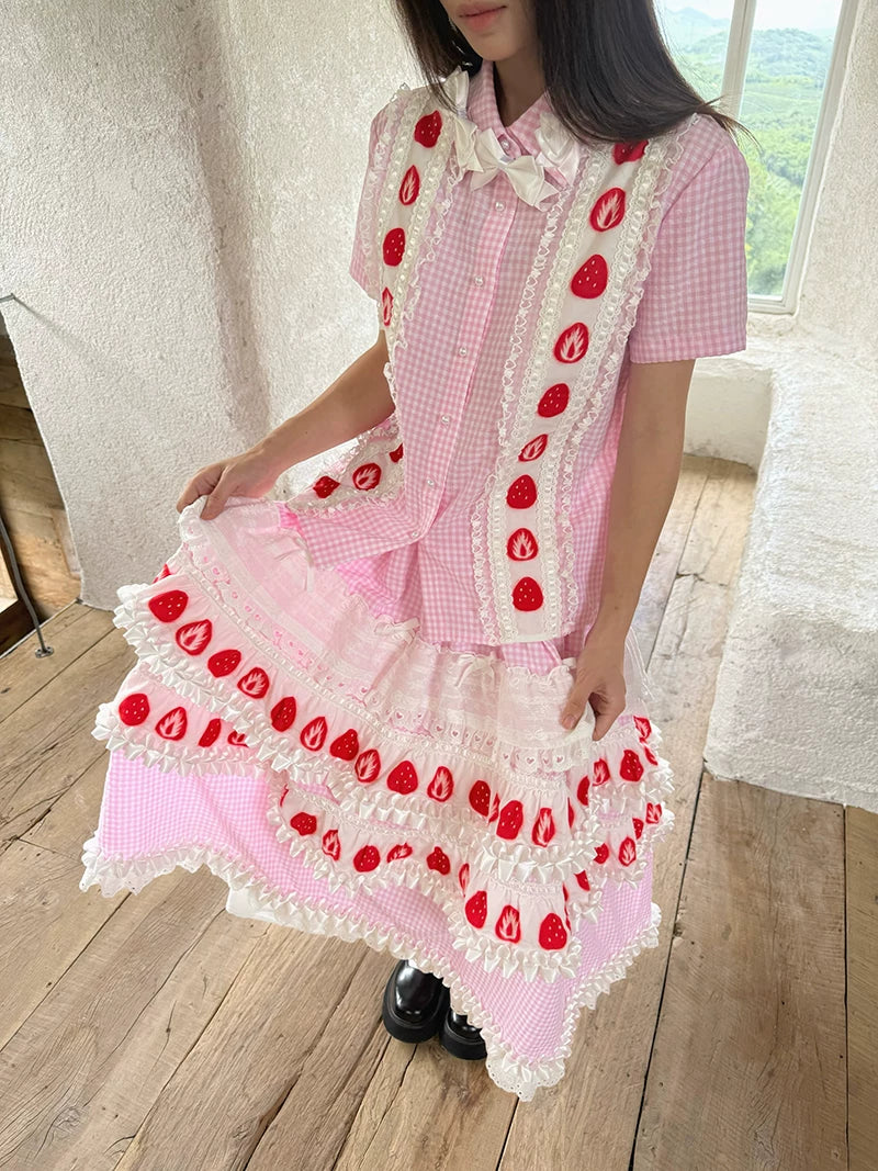 Strawberry Scent Printed Plaid Short Sleeve Blouse