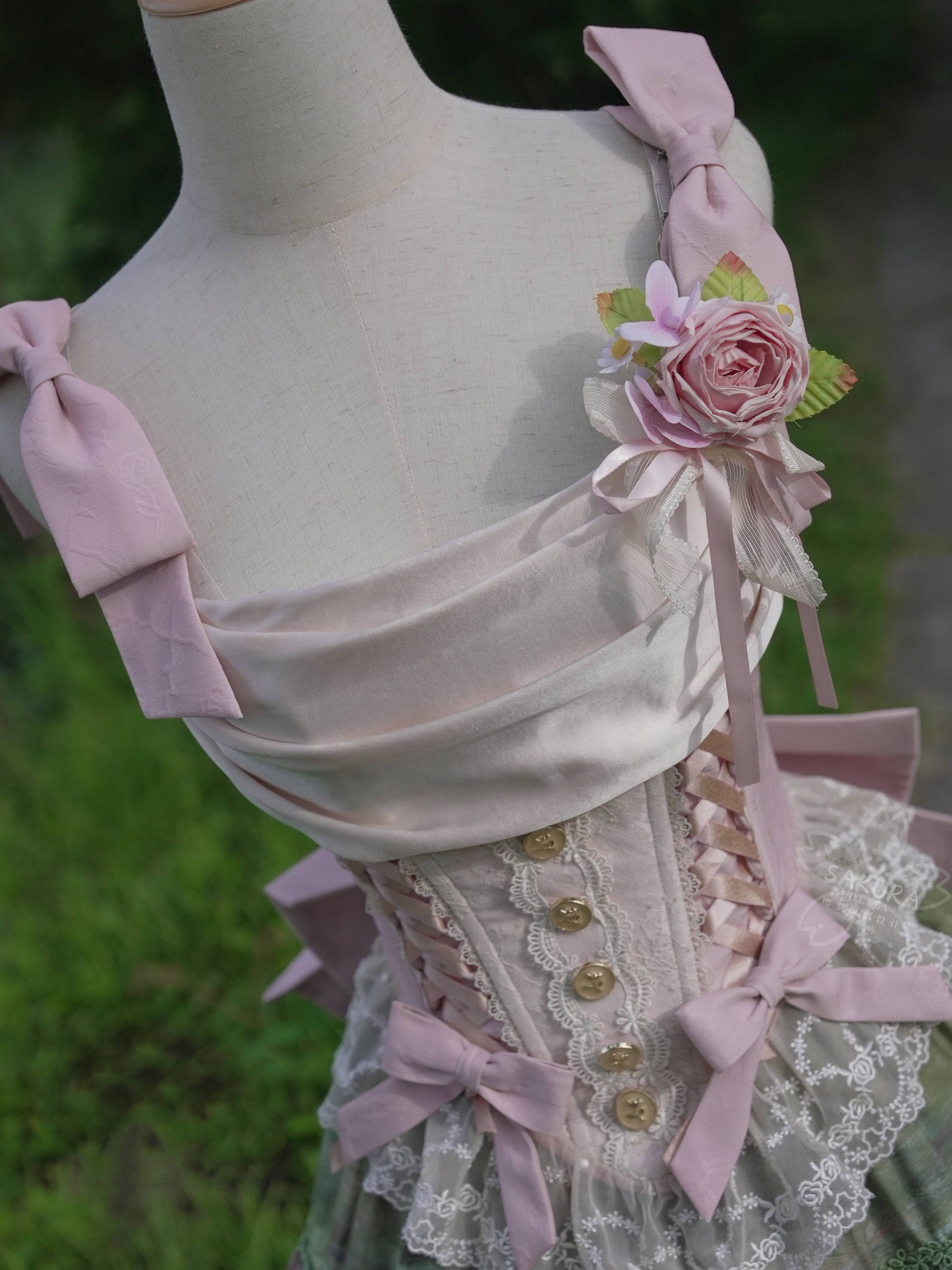 Ensemble Robe et Corset Lolita Classique "Le Jardin de Monet" (Peinture à l'Huile)