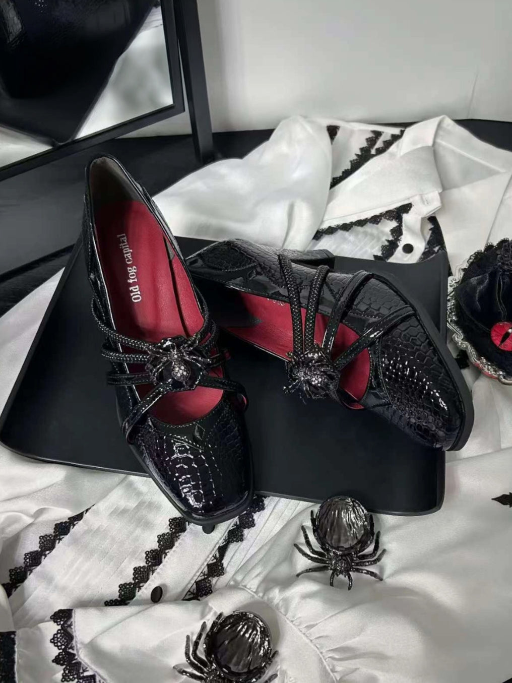 Spider Banquet Black Croc Patent Gothic Lolita Heels with Spider Buckle