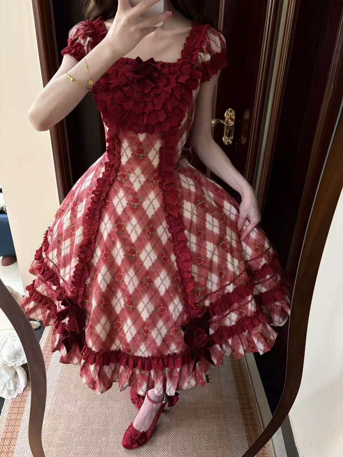 Red Pencil Lolita Vintage Diamond Floral Print Ruffled Red JSK Dress