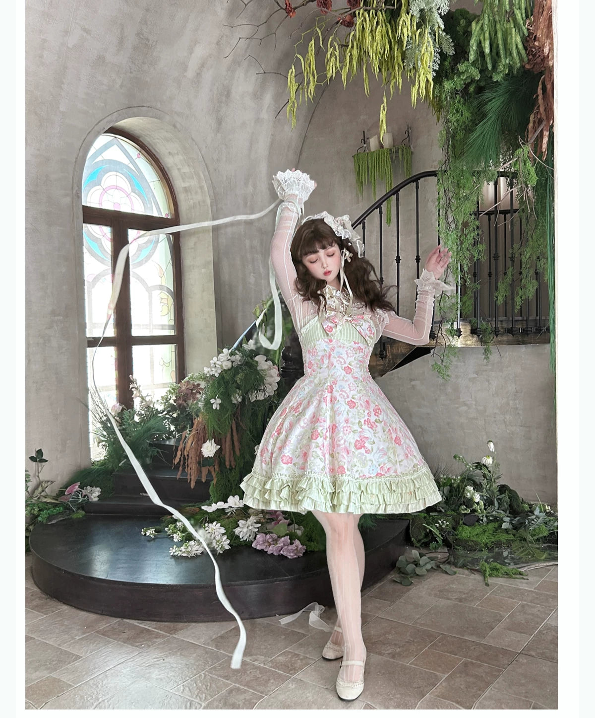Rose Spring Romance Pink Green Floral Classic Lolita JSK Dress