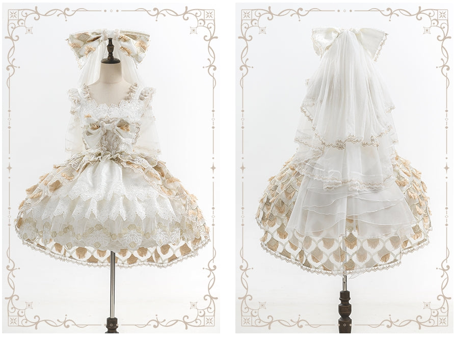 Peacock Feather SP Bridal Lolita White & Gold JSK Dress