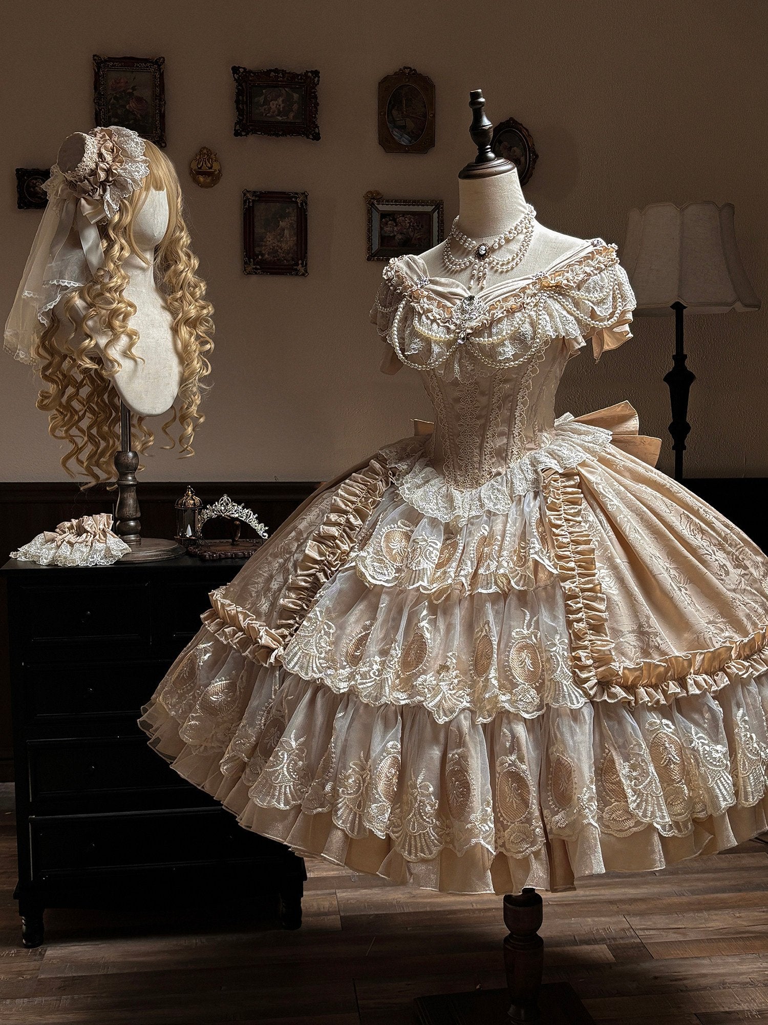 Bourbon Rose Ivory Fan Lace Embroidery Classic Lolita OP Dress